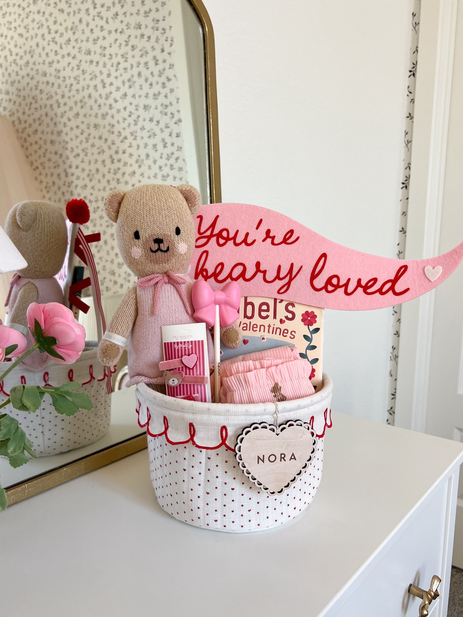 Love basket idea featuring 
- a Cuddle + Kind “Bella the Honey Bear" little size doll
- pennant banner from My Mind’s Eye
- hair clips from My Mind’s Eye
- Bear PJ set from Old Navy
- “Mirabel’s Missing Valentines" book
- tag from Pom Pom Elle on Etsy
- basket from Target

#LTKValentine #LTKKids
