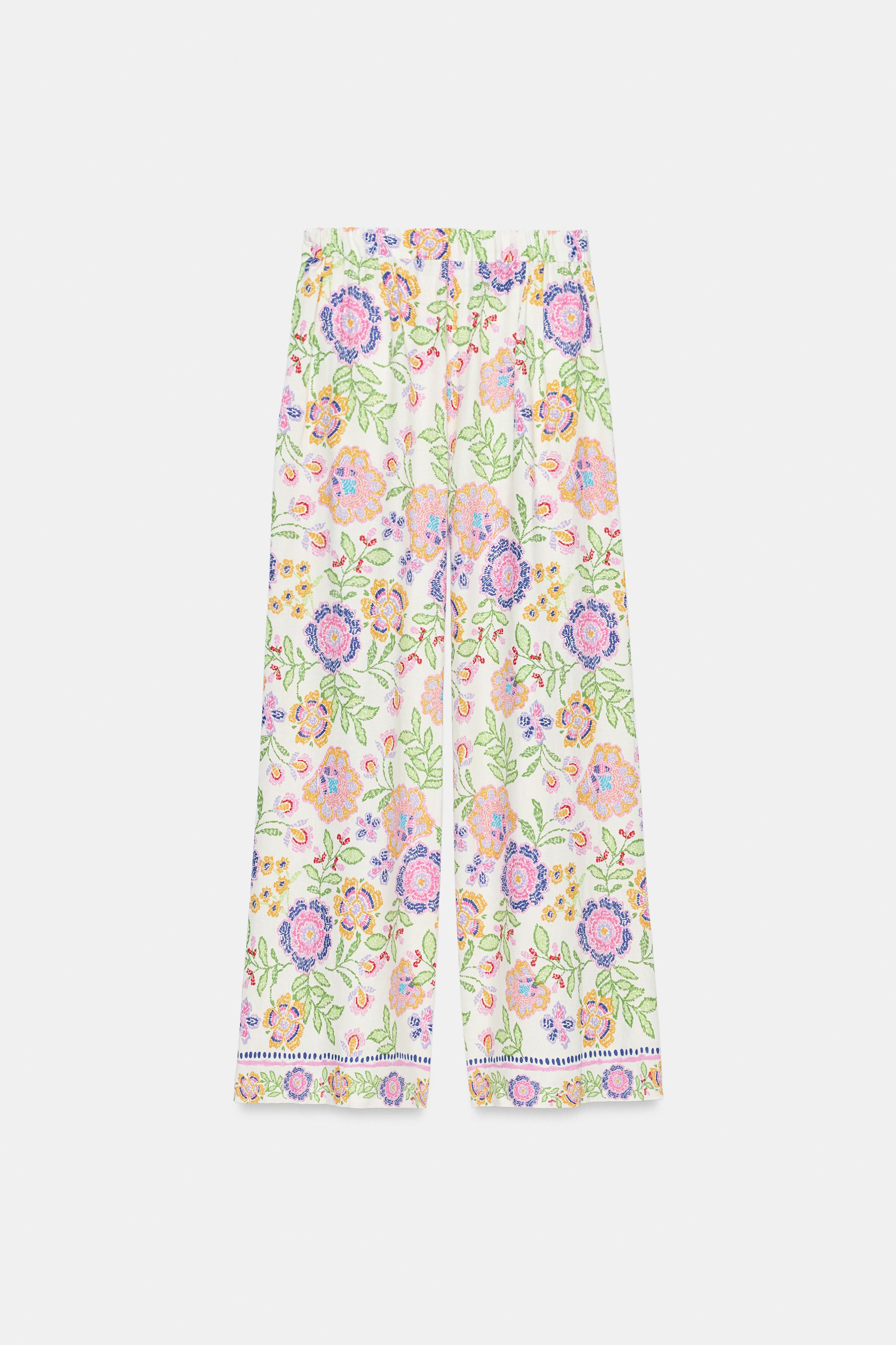 FLORAL PRINT LINEN BLEND TROUSERS | Zara UK