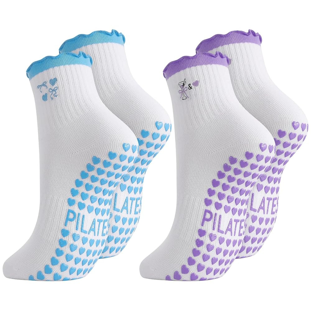 Jspupifip 2 Pairs Women Cute Pilates Grips Socks, Crew Non Slip Yoga Socks Ruffle Cuff Embroidery... | Amazon (US)