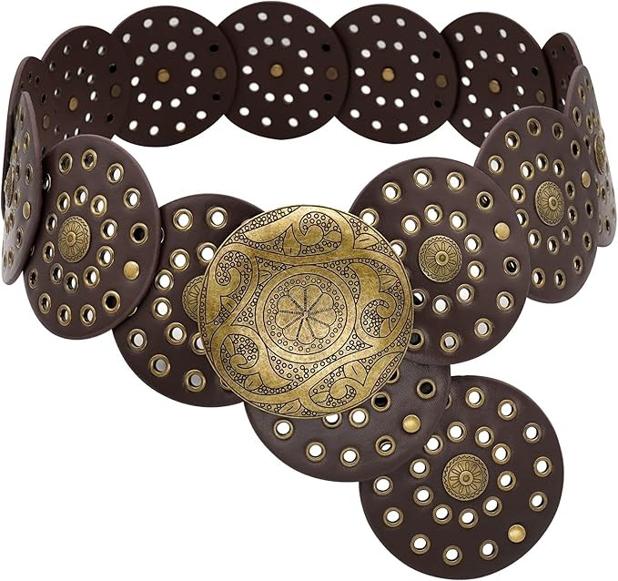 Wide Disc Belt for Women Boho Concho Leather Belts Vintage Western Waist Belt | Amazon (US)