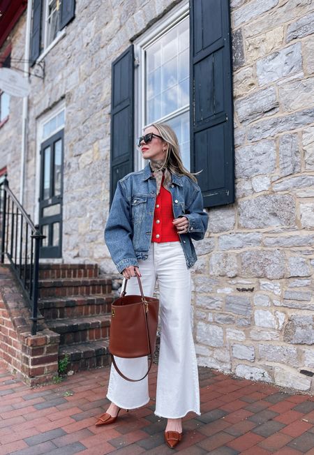 Denim jacket spring outfit, red cardigan, Gucci silk scarf, white jeans, cropped denim, slingback pumps, style over 40

#LTKfindsunder100 #LTKover40 #LTKshoecrush