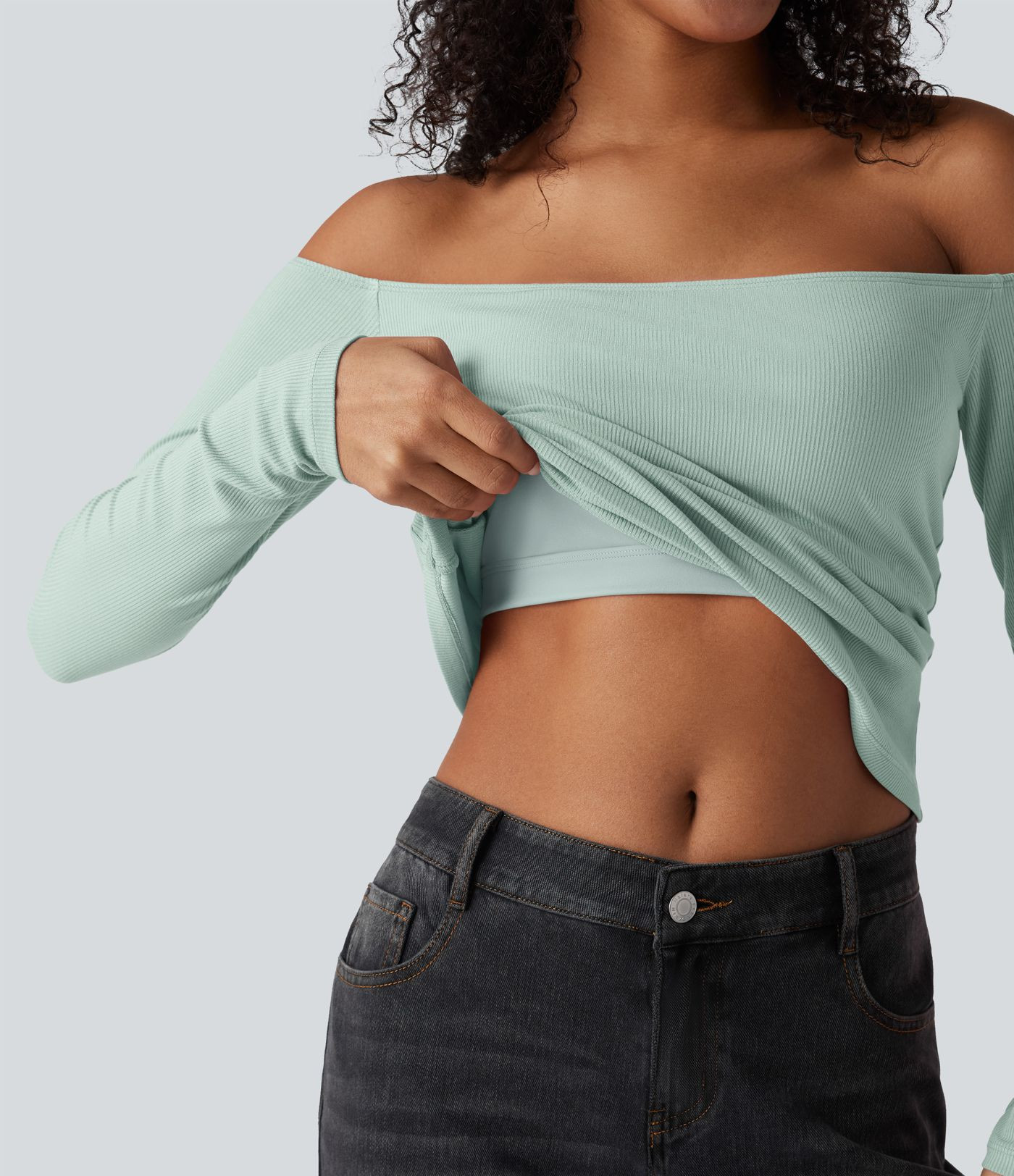 Women’s Ribbed Knit Off Shoulder Long Sleeve 2-in-1 Casual Top - Halara | HALARA