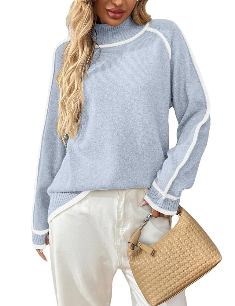 Bozanly Women's Mock Neck Pullover Sweaters 2025 Casual Fall Winter Long Sleeve Color Block Loose... | Amazon (US)
