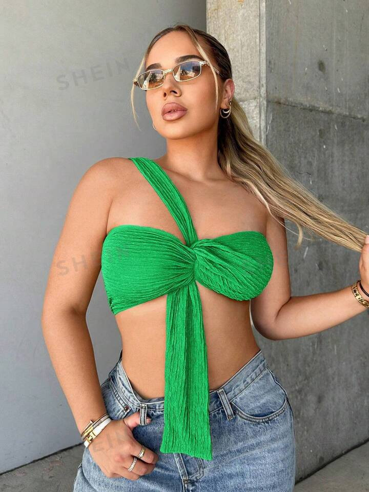 SHEIN SXY Women's Solid Color Single Shoulder Sleeveless Twist Crop Top | SHEIN