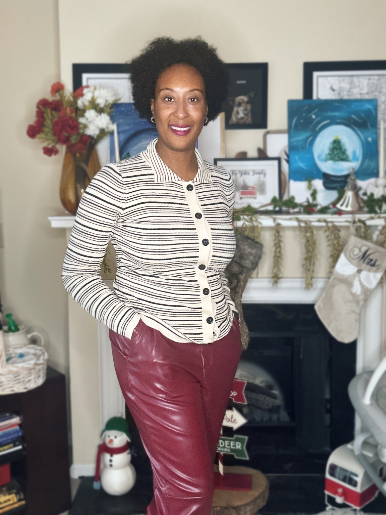 Understated Christmas outfit, but make it comfortable 🎄✨

This cozy-chic look is perfect for the holiday season when you want to look put together and still enjoy all the food. I’m wearing the Open Minded Burgundy Vegan Leather Pants (yes—they have stretch, so holiday meals are welcome 😌) paired with the Lucie Cream and Black Striped Button-Up Sweater Top—and trust me, this top will be on full rotation long after the holidays.

Perfect for brunch, family gatherings, or running those last-minute Christmas errands while still feeling cute and comfy.

#LulusAmbassador #HolidayStyle #UnderstatedChristmas #HolidayOutfitInspo #VeganLeatherPants #CozyChic #Over40Style #MomStyle #FestiveButComfortable

#LTKFindsUnder100 #LTKHoliday #LTKootd