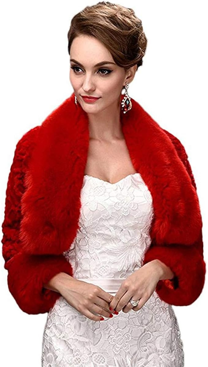 Oncefirst Women's Winter Faux Fur Wedding Jacket for Bride Wrap Shawl Bolero Jacket | Amazon (US)