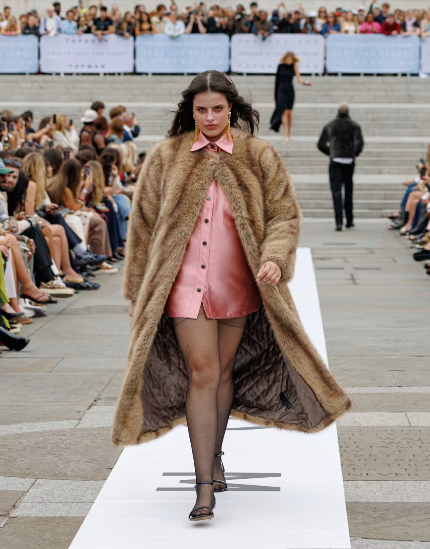 Topshop oversized faux fur collarless long coat in natural stripe in beige-Neutral | ASOS (Global)