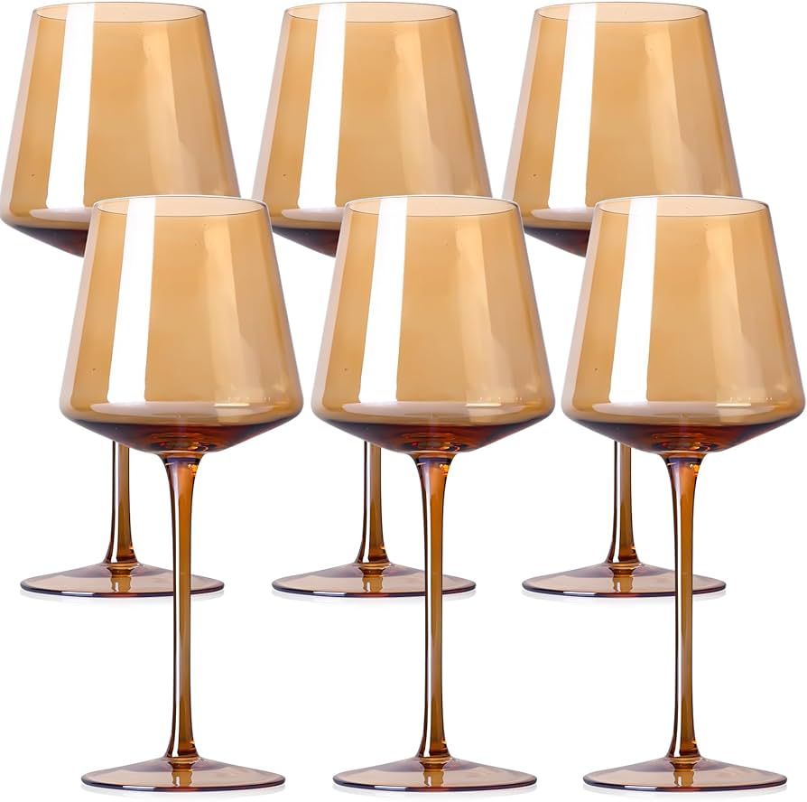 Physkoa Amber Wine Glasses Set of 6-16oz Hand-Blown Amber Wine Glasses with Long Stem Unique Red ... | Amazon (US)