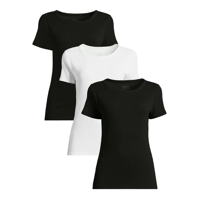 Time and Tru Women’s Rib Tee with Short Sleeves, Available in 3-Pack, Sizes XS-XXXL | Walmart (US)
