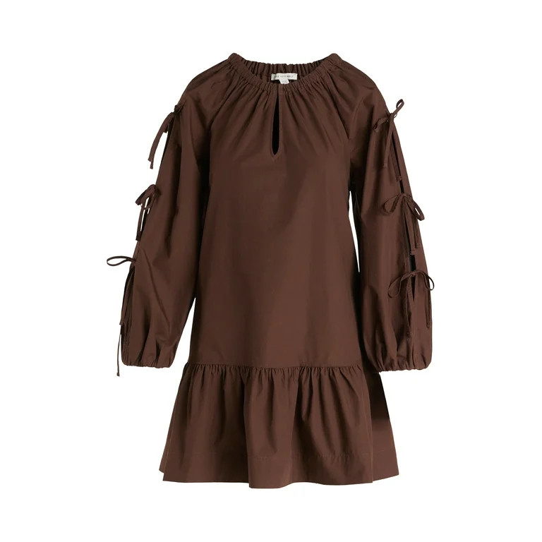 Free Assembly Women's Ruffle Hem Cotton Mini Dress with Long Tie Sleeves, Sizes XS-XXL | Walmart (US)