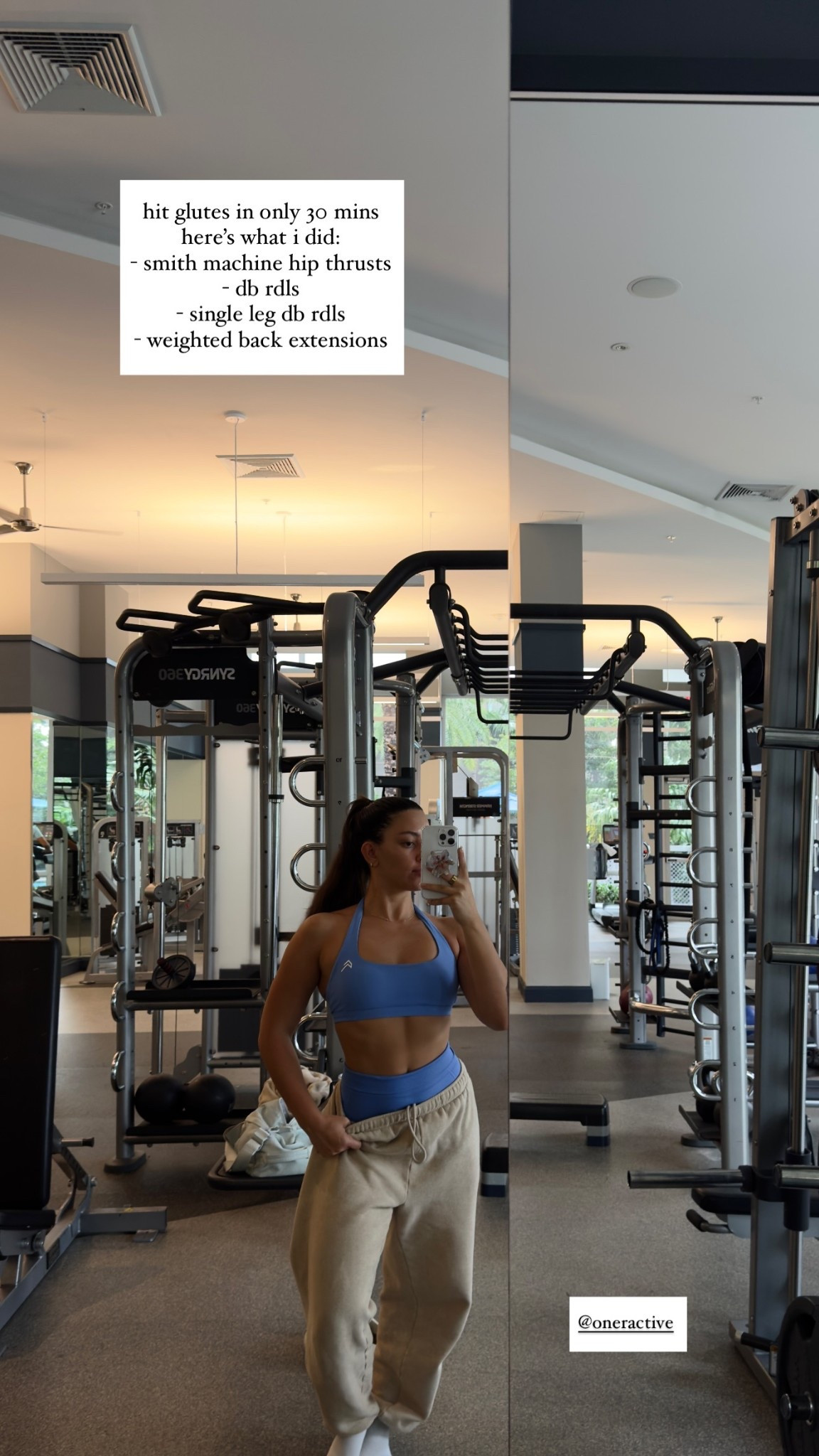 hit glutes in only 30 mins
here’s what i did:
- smith machine hip thrusts
- db rdls 
- single leg db rdls
- weighted back extensions  @oneractive