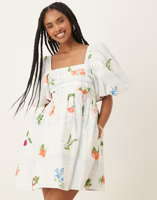 Nobody's Child Nova puff sleeve mini dress in fruit plaid print | ASOS (Global)