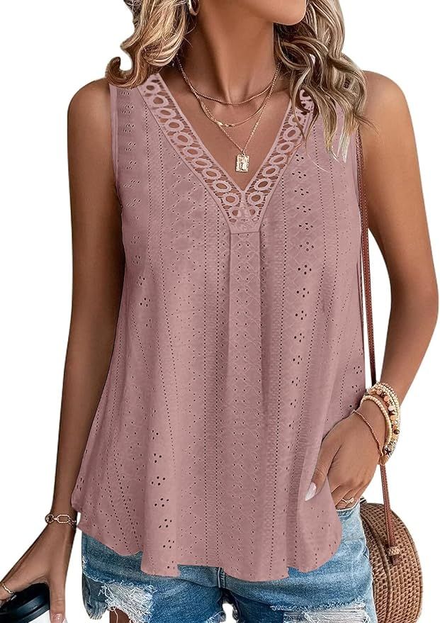 Women Summer Tops 2024 Trendy Sleeveless Tank Tops Dressy Casual Cute Loose Fit Lace V Neck T-Shi... | Amazon (US)
