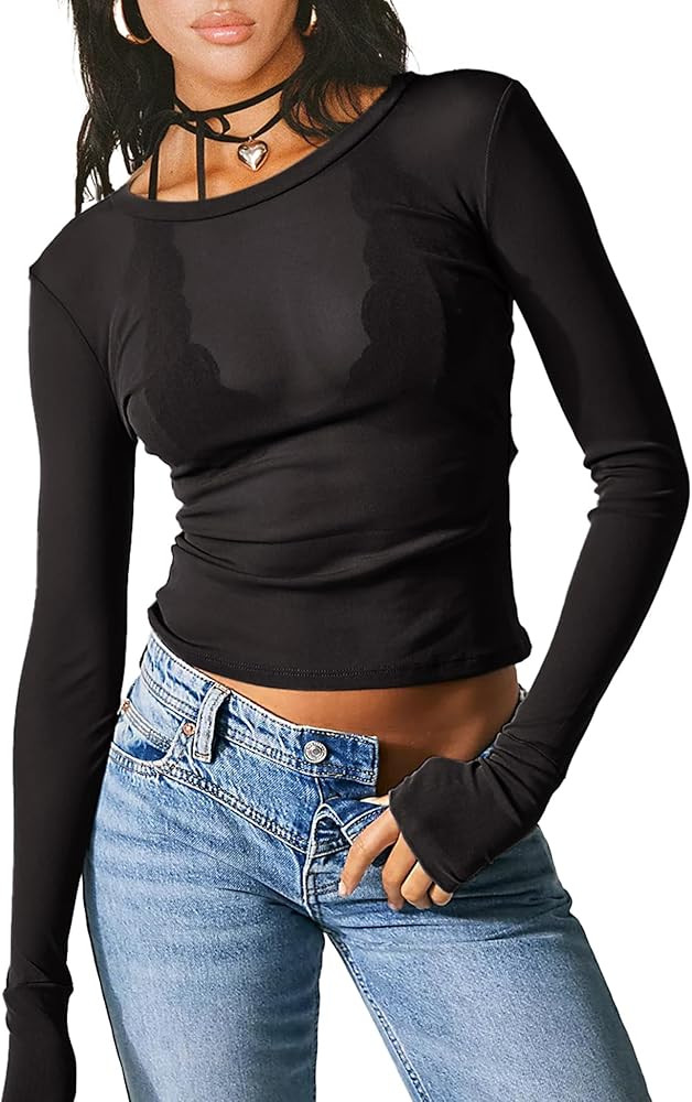 Women's Mesh Tops for Women Sexy Long Sleeve Crew Neck Blouse Sheer Club Shirt | Amazon (US)