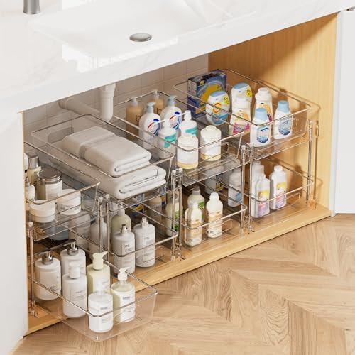 Vtopmart 4 Pack Bathroom Organizer, 2 Tier Clear Under Sink Organizers Vanity Countertop Storage Container,Cabinet Drawers Bins, Pull-Out Organization with Track for Pantry, Kitchen | Amazon (US)