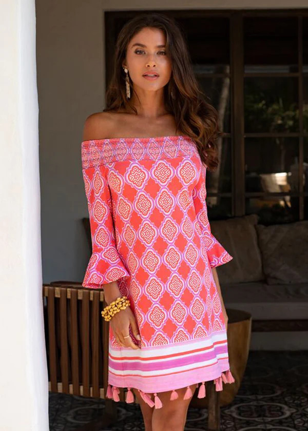 Coral Geo Off The Shoulder Dress | Cabana Life