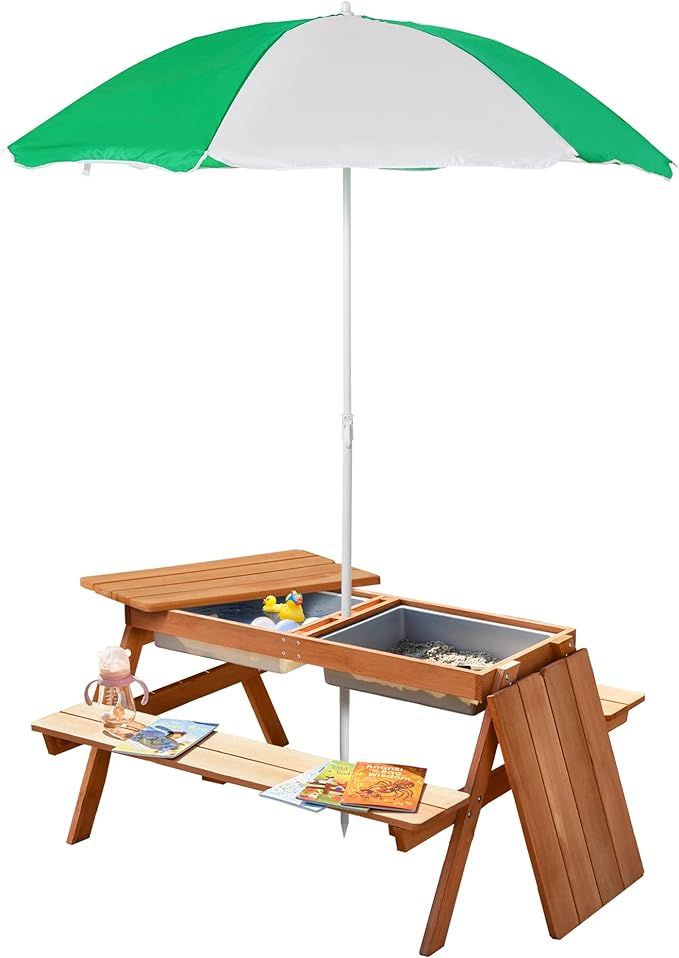 Outsunny Kids Picnic Table with Umbrella and Storage Inside, Sand and Water Table, Kids Outdoor F... | Amazon (US)
