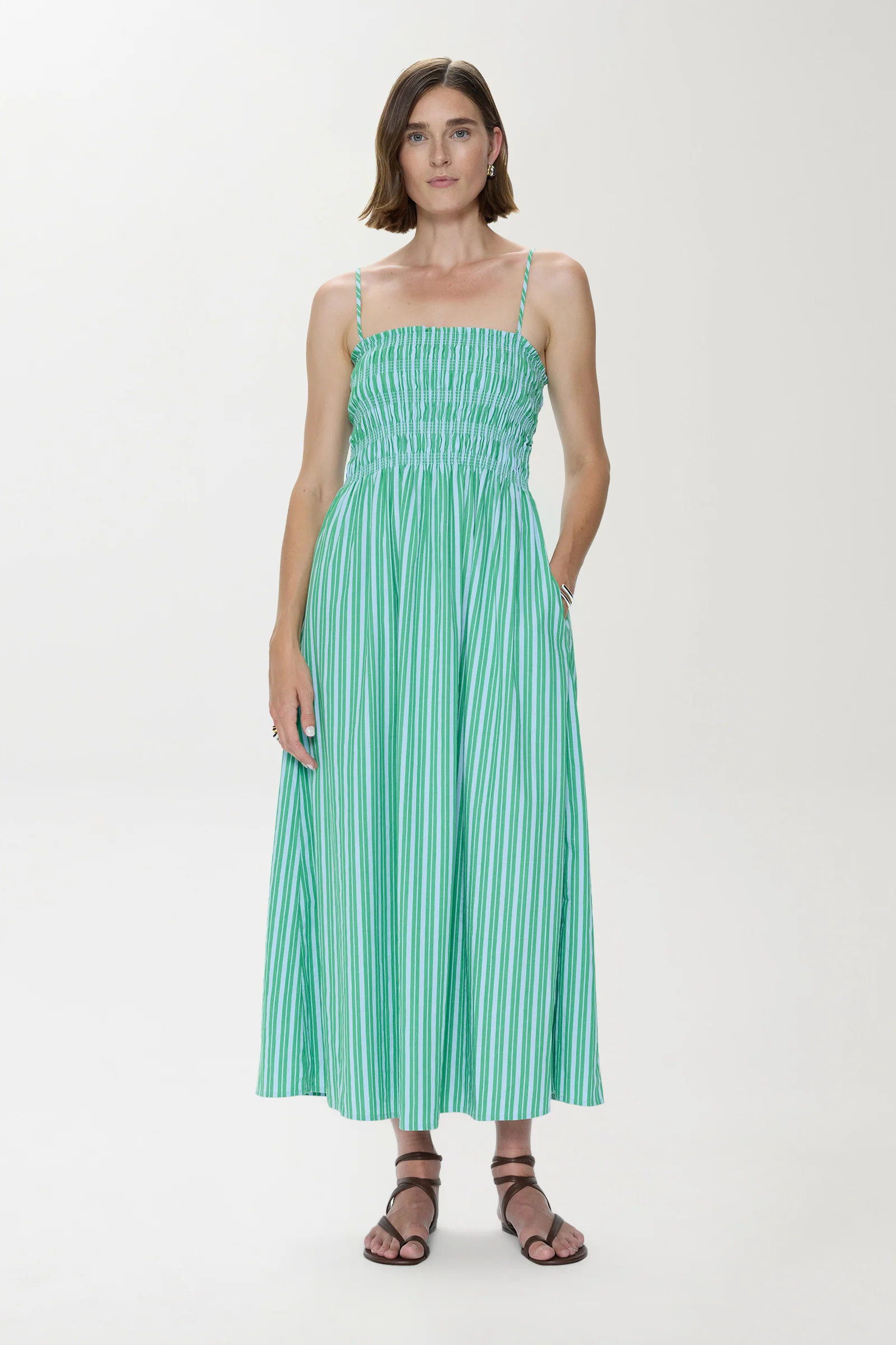 Bianca Shirred Bodice Dress - Green Blue Stripe | Pistola Denim