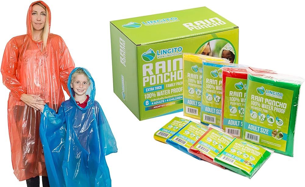Lingito Rain Ponchos Family Pack - Emergency Drawstring Hood Poncho for Children & Adults Lightwe... | Amazon (US)