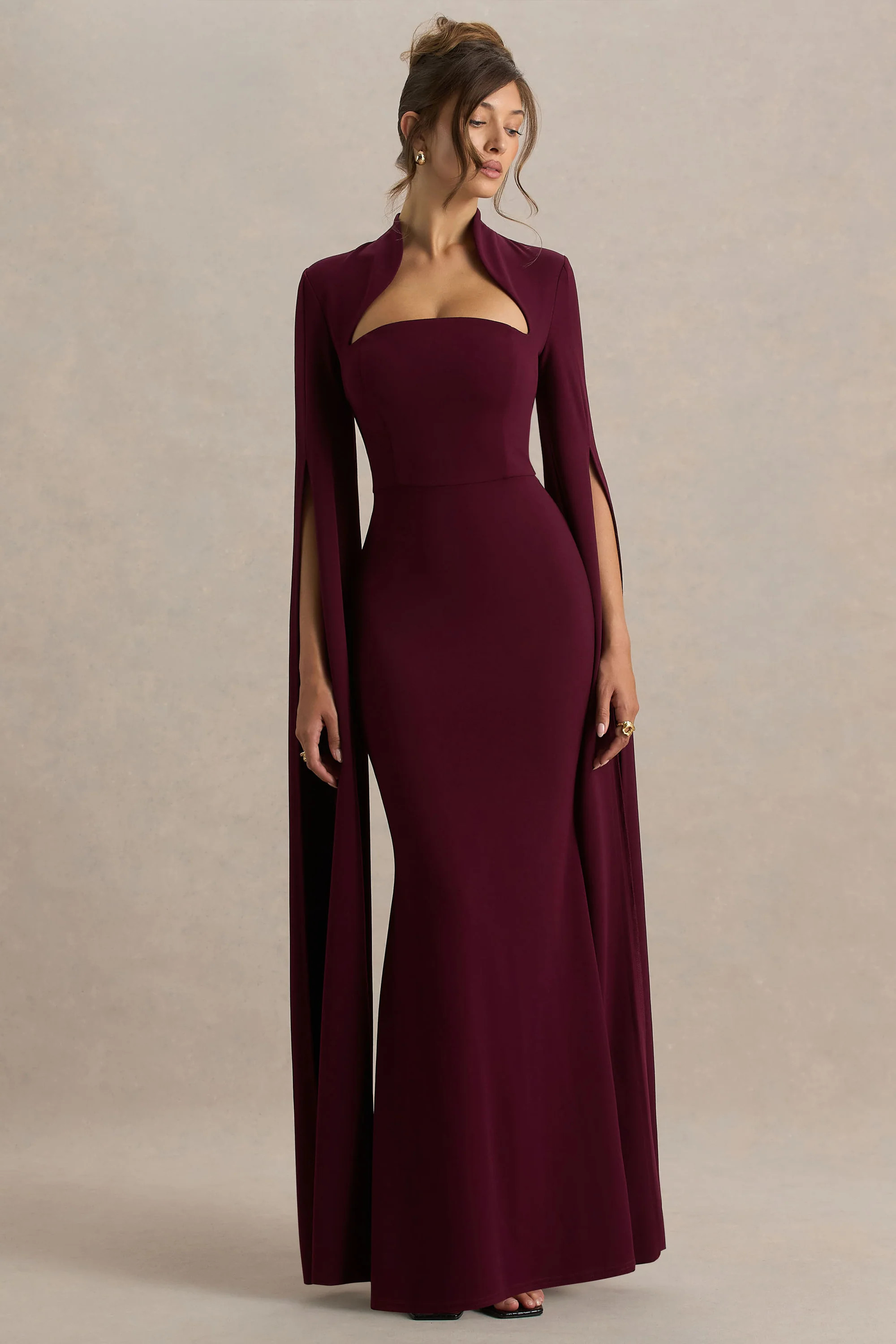 Esme | Burgundy Square-Neck Maxi Dress With Cape Sleeves | Club L London