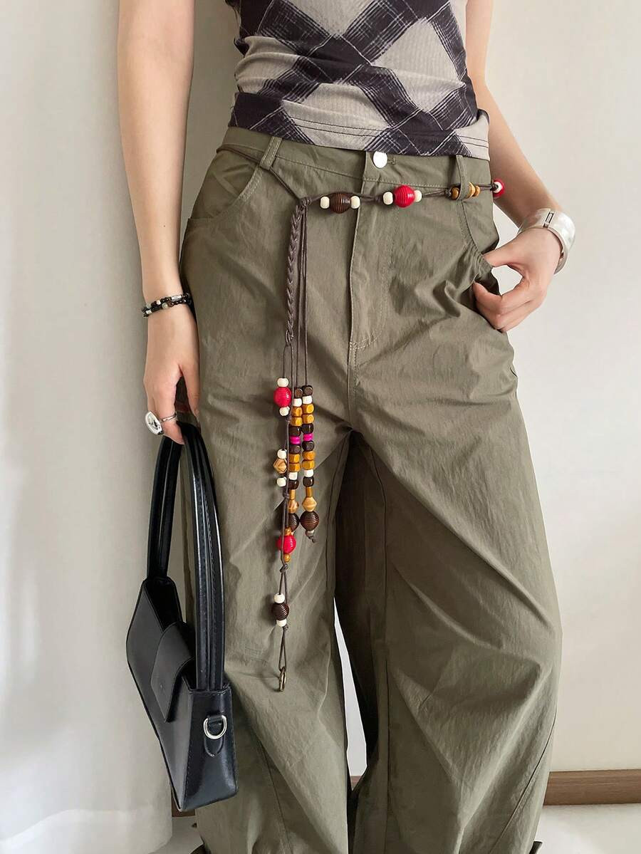 1pc Coffee Color Polyester Material Personalized Contrast Color Beaded Woven Waist Rope | SHEIN