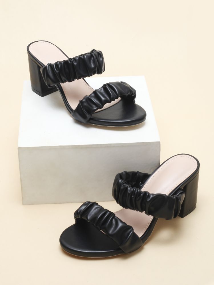 Ruched Strap Chunky Heeled Mule Sandals | SHEIN