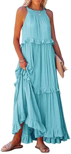 Womens Summer Boho Halter Maxi Dresses Summer 2024 Casual Sleeveless Tiered Long Flowy Vacation B... | Amazon (US)