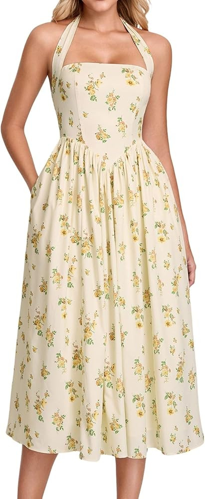 Parthea Women's Floral Halter Corset Midi Dress 2026 Elegant Smocked Flowy Wedding Guest Dresses ... | Amazon (US)