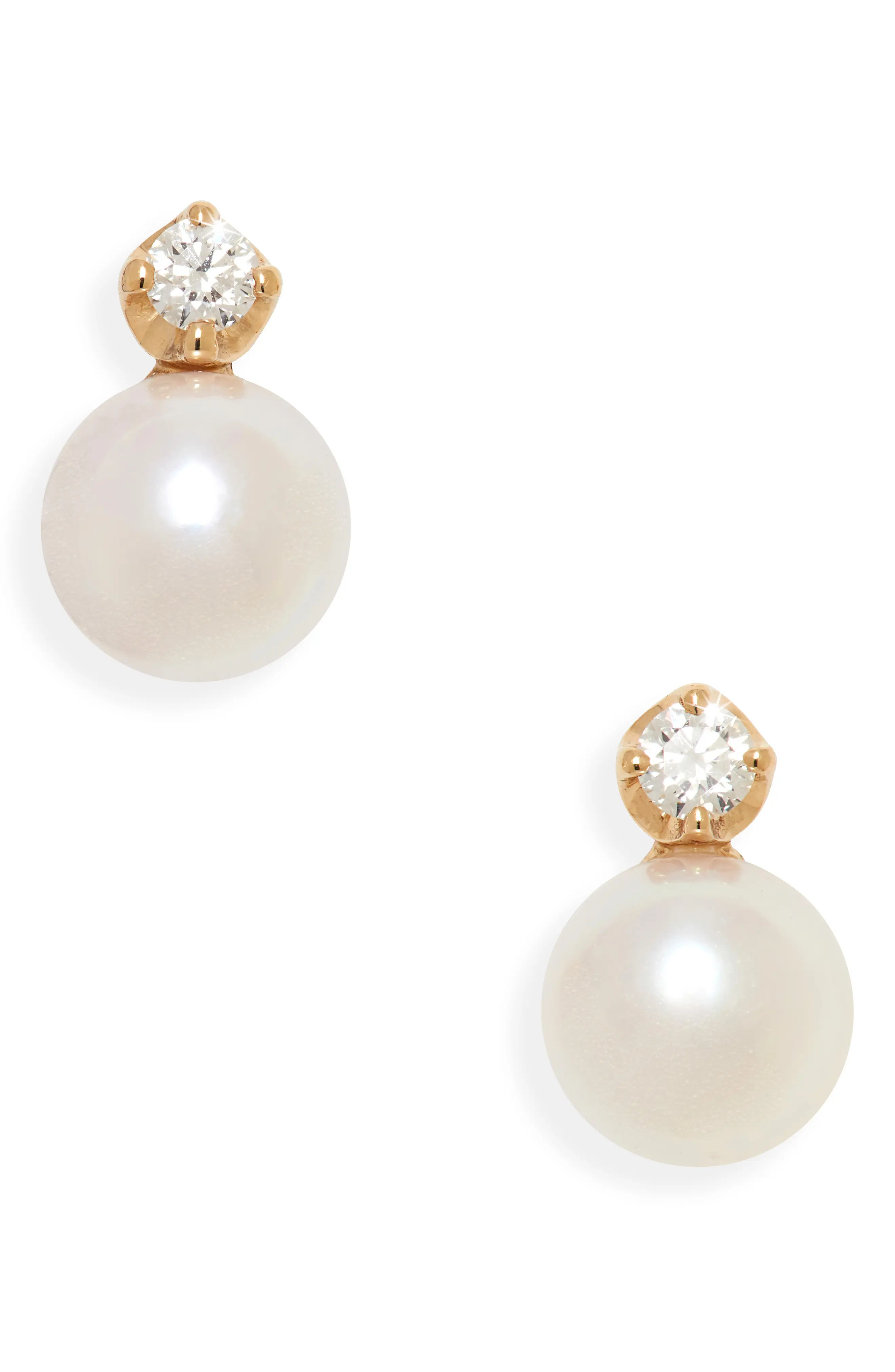 Mikimoto Akoya Cultured Pearl & Diamond Stud Earrings in Yellow Gold at Nordstrom | Nordstrom