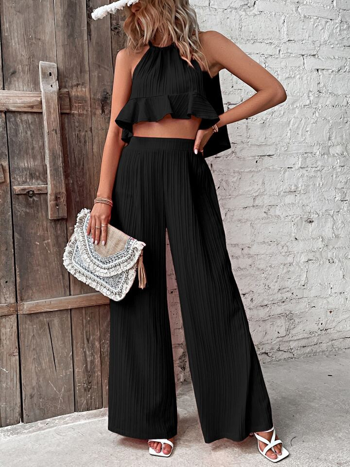 SHEIN VCAY Ruffle Hem Tie Back Halter Top & Wide Leg Pants | SHEIN