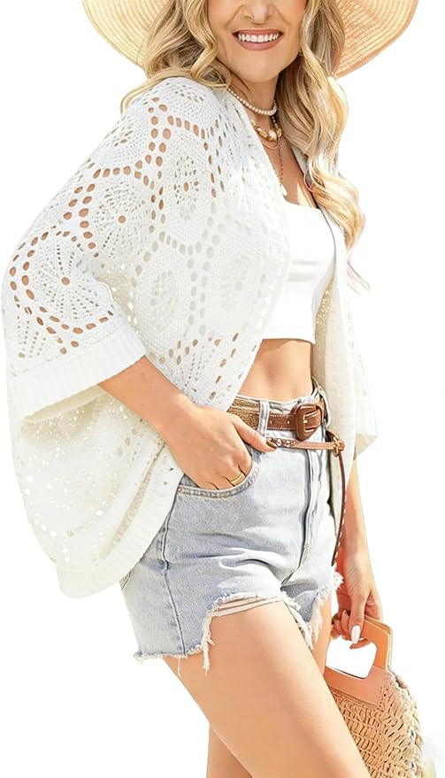 Bankeng Womens Lightweight Crochet Cardigans Summer Oversized 3/4 Sleeve Open Front Knit Kimono C... | Amazon (US)