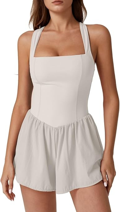 QINSEN Women's Square Neck Sleeveless Romper Jumpsuit Casual Summer One Piece Outfit with Pocket | Amazon (US)