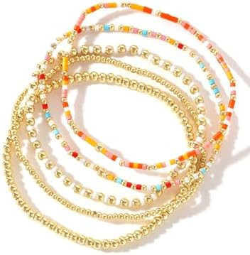 Gold Beaded Bracelet Stack for Women Dainty Cute 14K Gold Plated Seed Beads Crystal Colorful Stac... | Amazon (US)