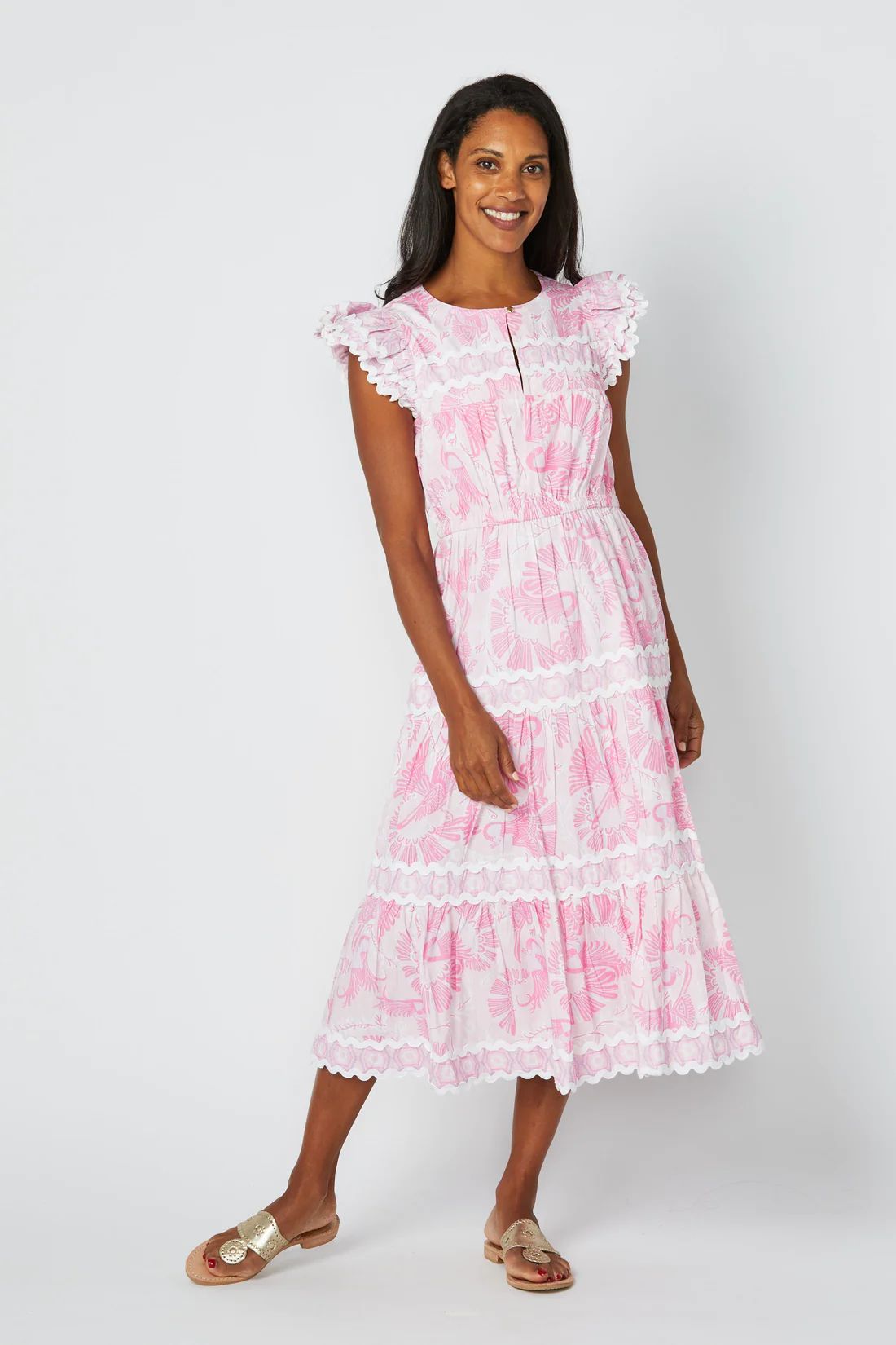 Pink CKB Print Flutter Sleeve Ric-Rac Midi Dress | Sail to Sable