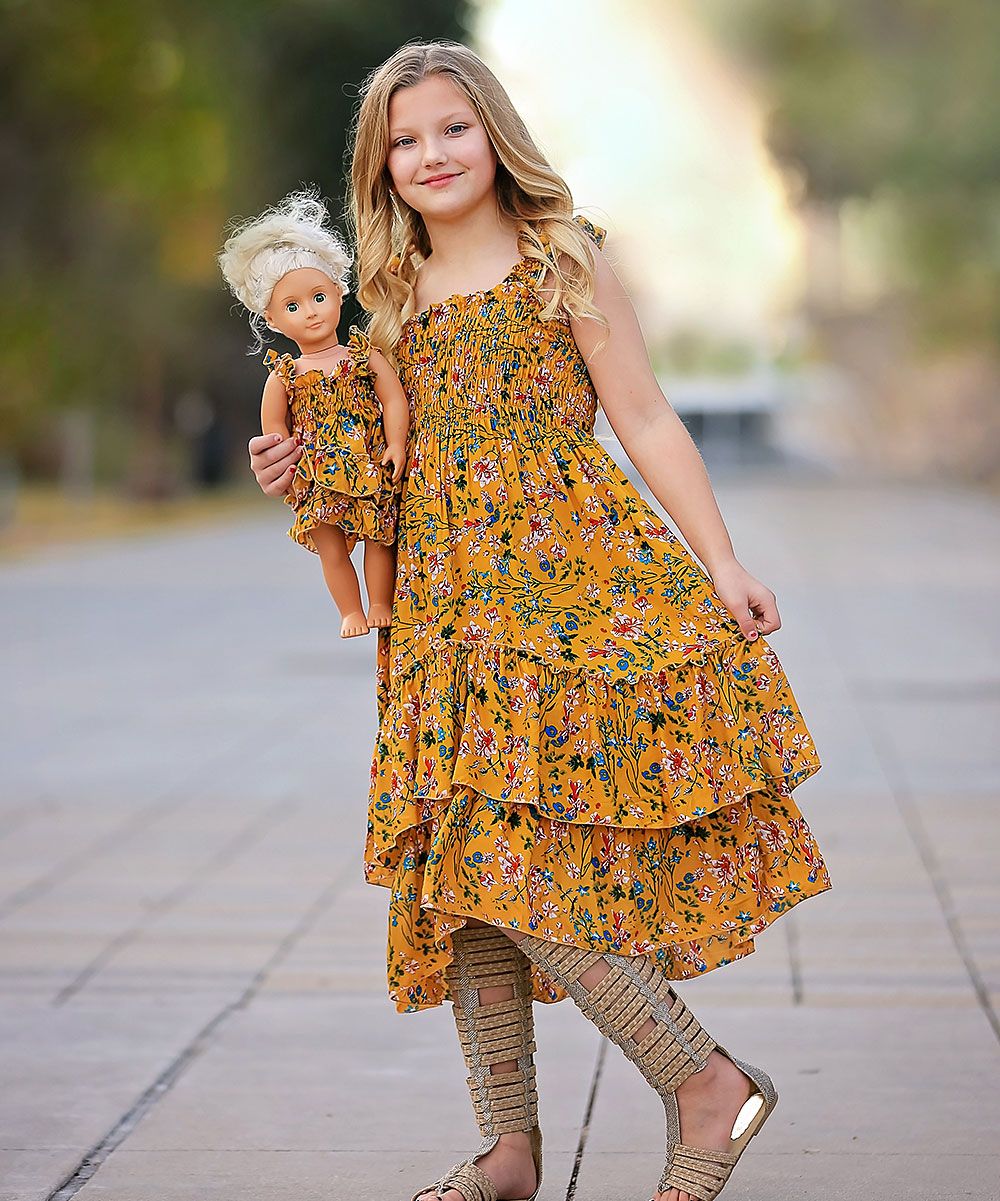 Mustard Floral Ruffle-Hem Smocked Dress & Doll Dress - Girls | Zulily