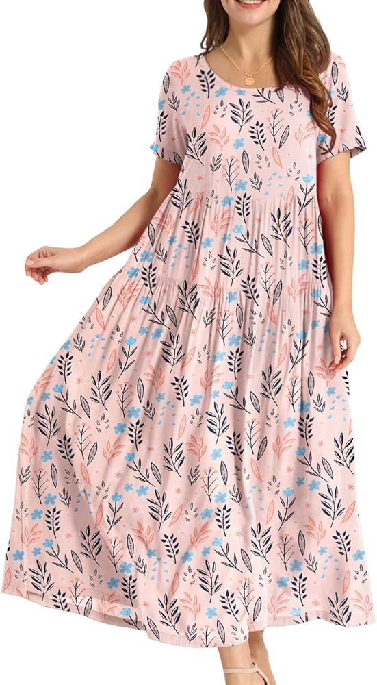 YESNO Women Casual Loose Bohemian Floral Dress with Pockets Short Sleeve Long Maxi Summer Beach Swin | Amazon (US)