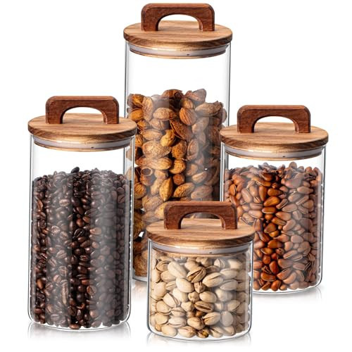 Layhit 4 Pcs Glass Food Storage Jars with Airtight Wood Lid Storage Jars Containers with Stickers Marker for Candy, Cookie, Rice, Sugar, Flour, Pasta, Nuts, 4 Size(Cylindrical) | Amazon (US)