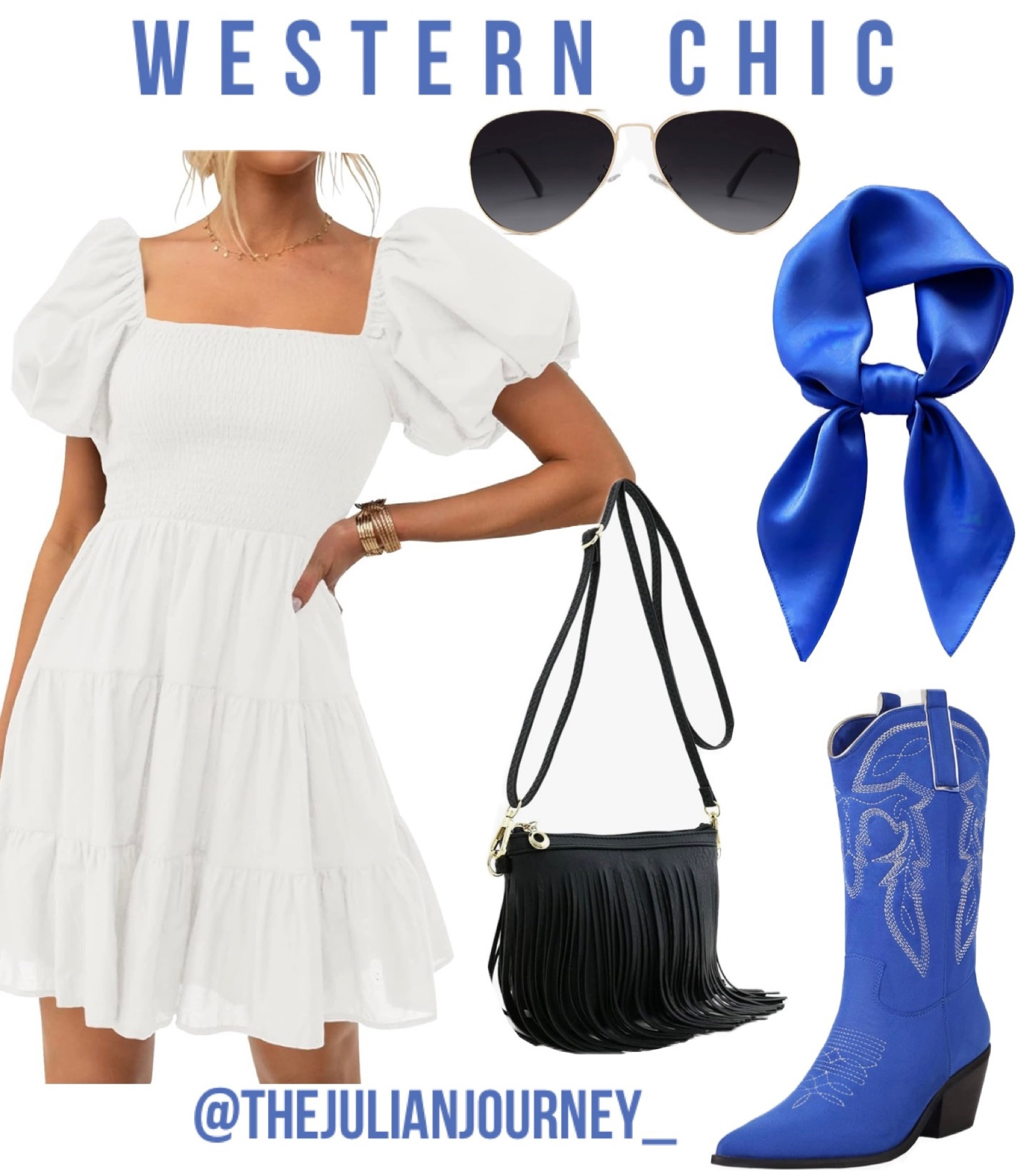 Western chic outfit idea brought to you by Amazon! Concert outfit ideas! Country western outfit ideas! Cowboy boots, fringe purse, aviator sunglasses, puff sleeve dress, silk scarf! 