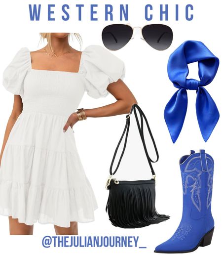 Western chic outfit idea brought to you by Amazon! Concert outfit ideas! Country western outfit ideas! Cowboy boots, fringe purse, aviator sunglasses, puff sleeve dress, silk scarf! 