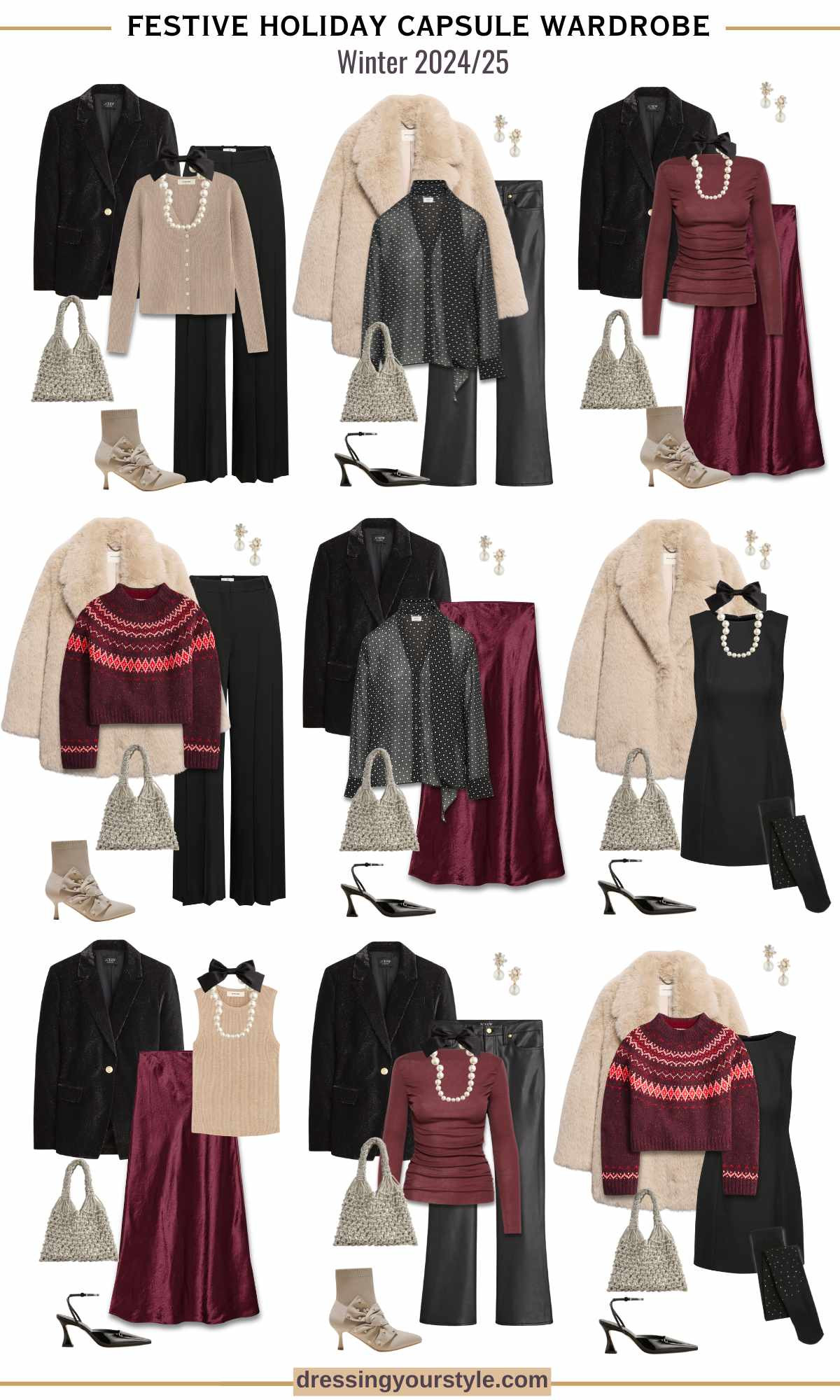 Festive burgundy, beige and black Christmas holiday capsule wardrobe with party outfits, casual and office looks. 

#LTKSeasonal #LTKParties #LTKHoliday
