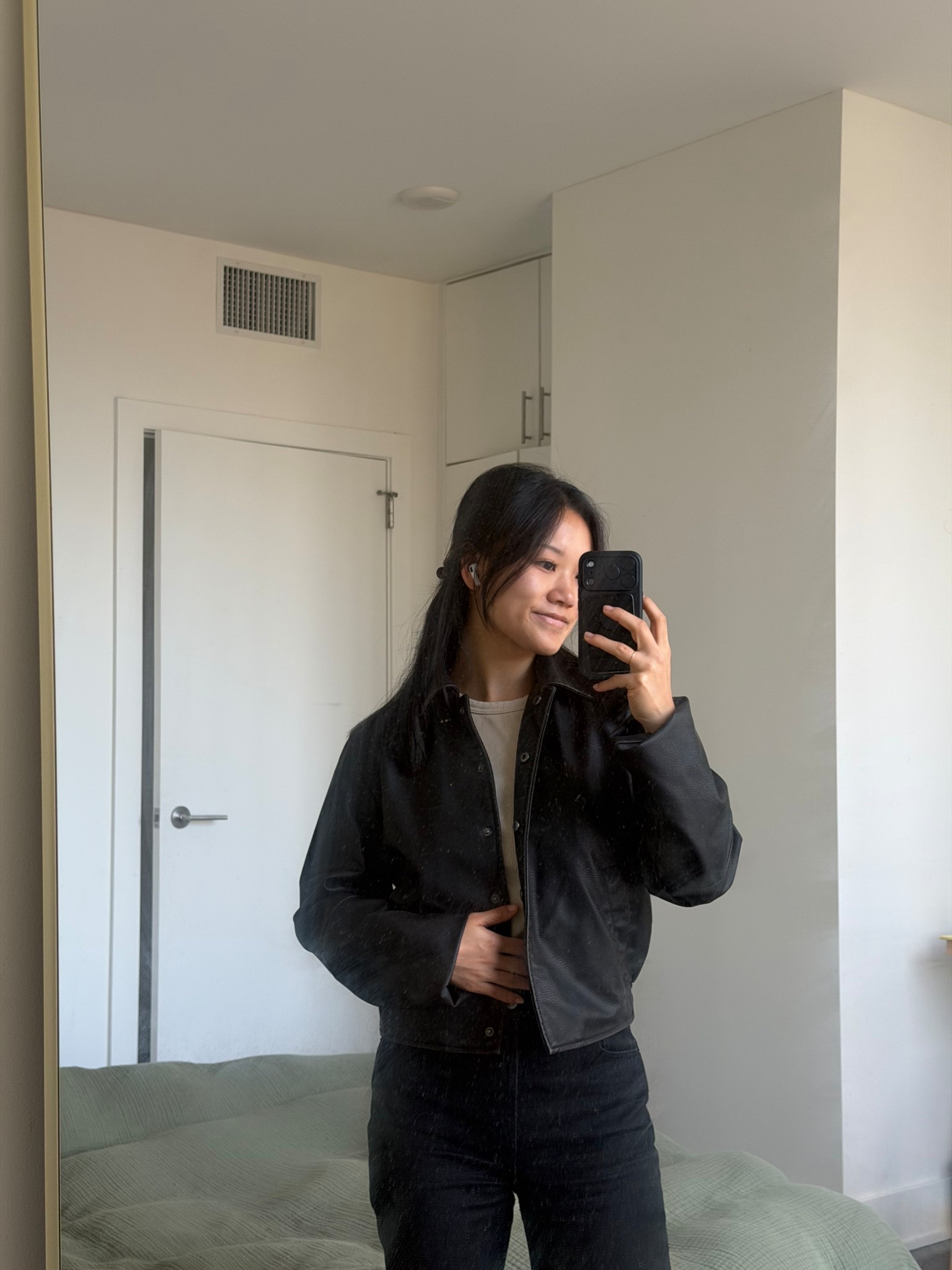 perfect length leather jacket for my petite girls! can’t directly link so link is here!

https://www.zara.com/us/en/faux-leather-jacket-p06318287.html