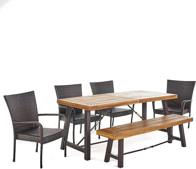 Christopher Knight Home Salla Outdoor Acacia Wood Dining Set with Wicker Stacking Chairs, 6-Pcs S... | Amazon (US)