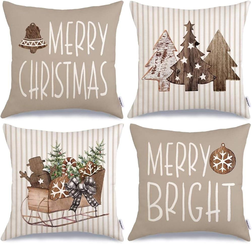 GEEORY Christmas Pillow Covers 18 x 18 Inch Set of 4, Striped Wooden Tree Snow Sleigh Merry Brigh... | Amazon (US)