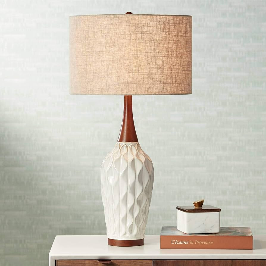 360 Lighting Rocco Mid Century Modern Table Lamp 30" Tall White Wave Geometric Ceramic Oak Wooden... | Amazon (US)