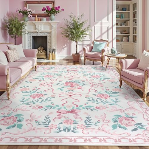 Collive 8x10 Pink Floral and Bow Machine Washable Area Rug for Living Room | Amazon (US)