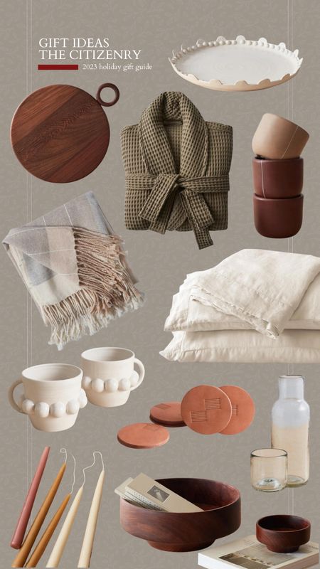 The citizenry, gift guide, hostess gifts, hand thrown pottery, round cutting board, waffle robe, espresso cups, alpaca throw, linen sheets, sheet set, hand thrown mugs, leather coasters, water carafe, hand dipped handles, wooden bowl 

#LTKGiftGuide #LTKCyberWeek #LTKSeasonal