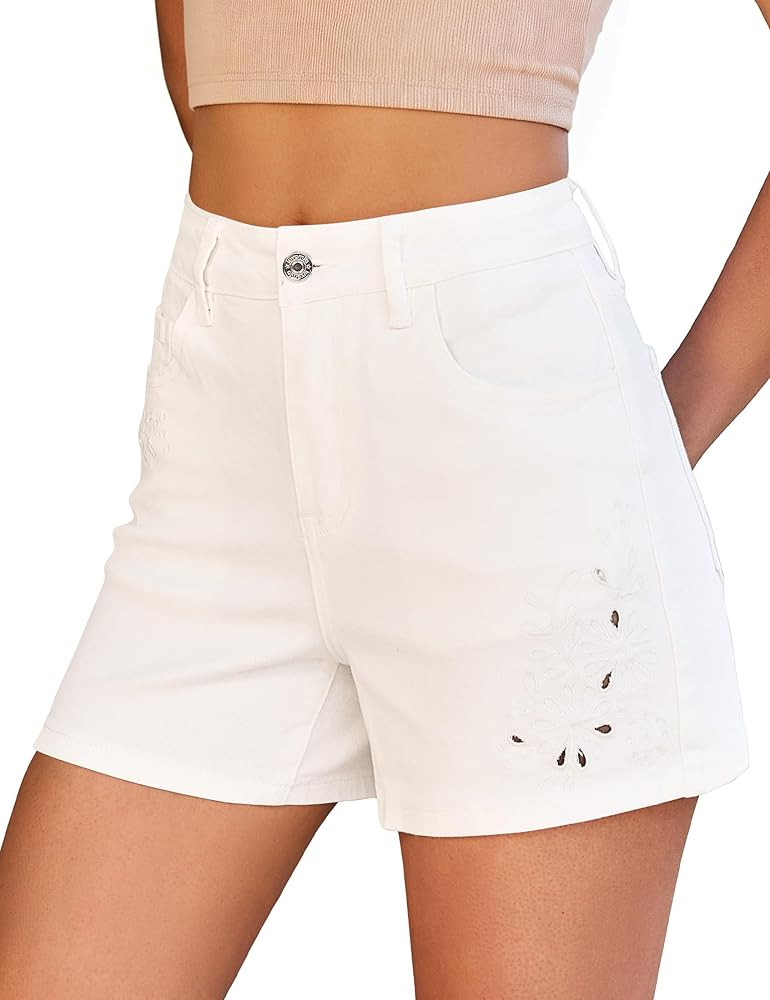 luvamia Jean Shorts for Women High Waisted Eyelet Embroidered Mid Thigh Wide Leg Stretchy Denim S... | Amazon (US)