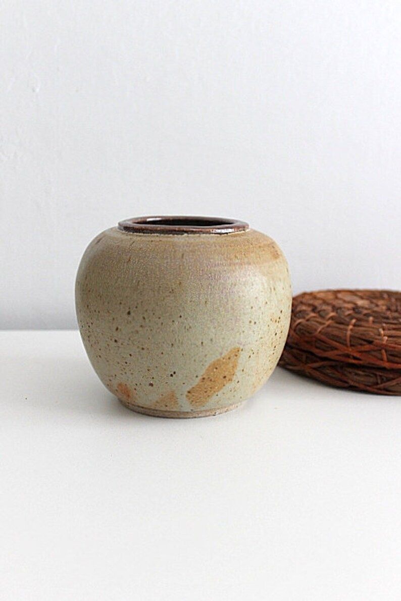 Small Round Tan Speckled Studio Pottery Vase | Etsy (US)