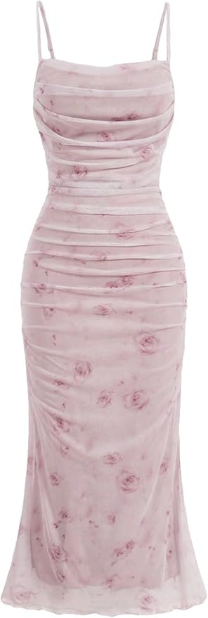 SOLY HUX Women's Floral Print Mesh Ruched Bodycon Cami Dress Spaghetti Strap Summer Long Dresses | Amazon (US)