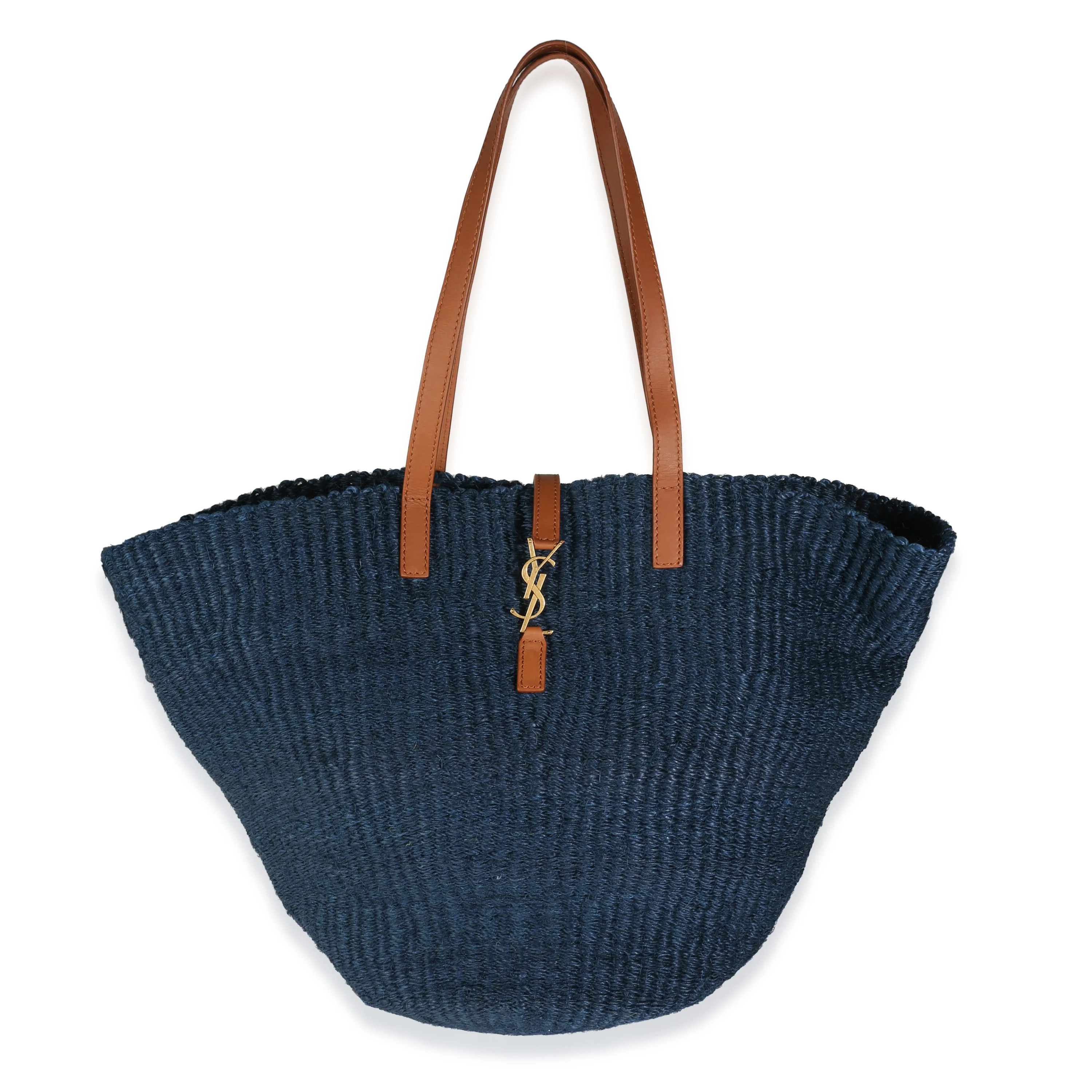 Navy Raffia Calfskin Medium Panier Tote | myGemma